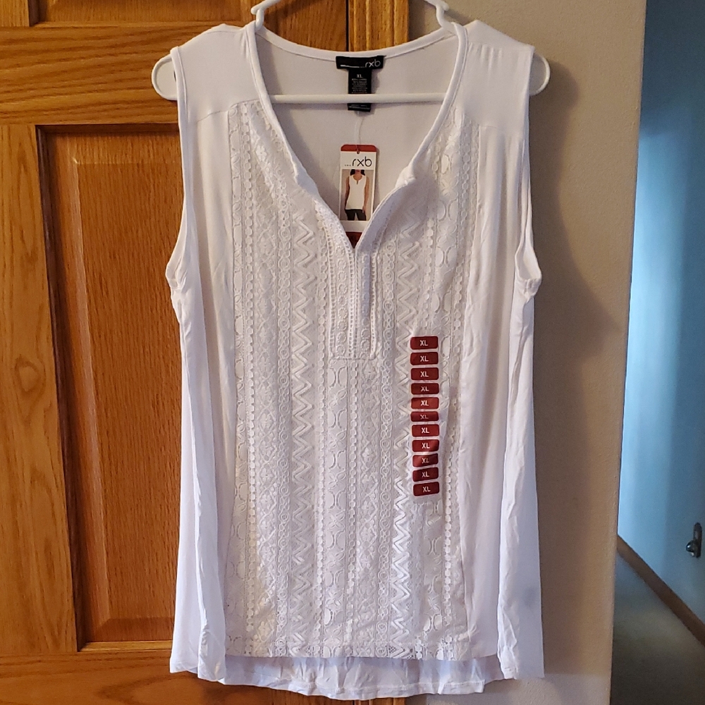 NWT RXB Women's Sleeveless Lace Overlay Size XL White V Neck Stretch Shirt Top